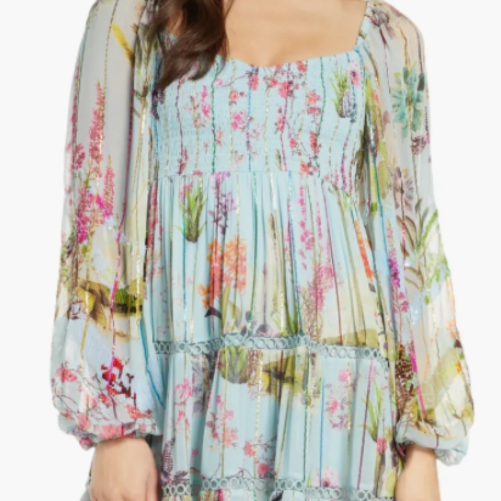 Hemant & Nandita Blue Floral Metallic Stripe Smocked Dress Size M